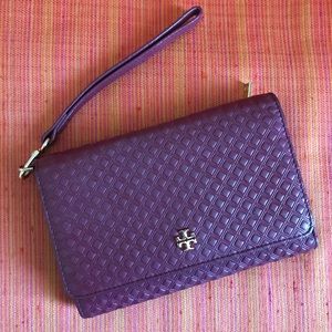 Tory Burch Marion Quilted Flap Leather Wristlet Clutch Bag Wallet Red Agate